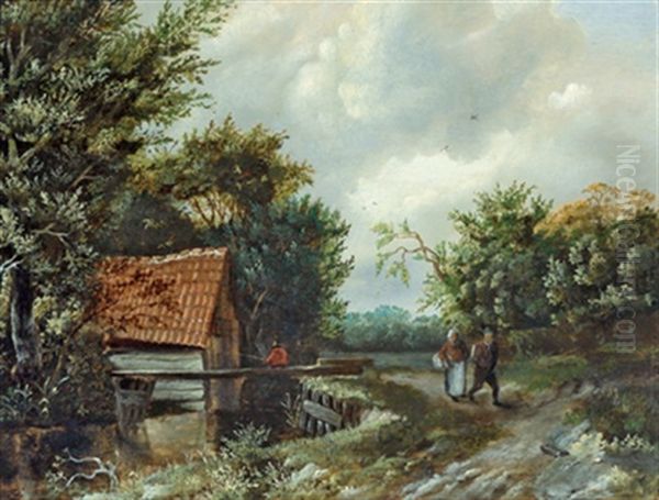 Waldlandschaft Mit Einer Hutte An Einem Bach, Einem Angler Und Reisenden Oil Painting by Meindert Hobbema