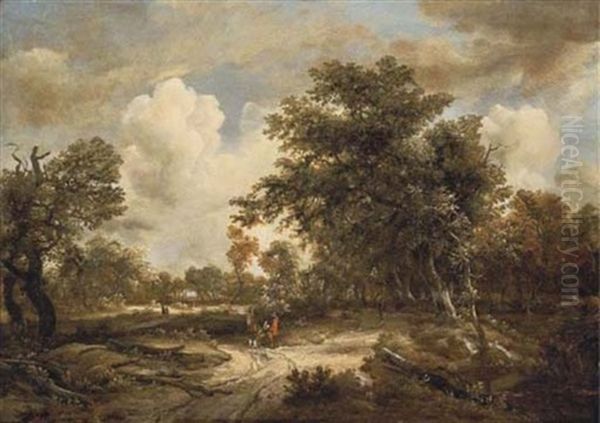 A Wooded Landscape With Peasants On A Path Oil Painting by Meindert Hobbema