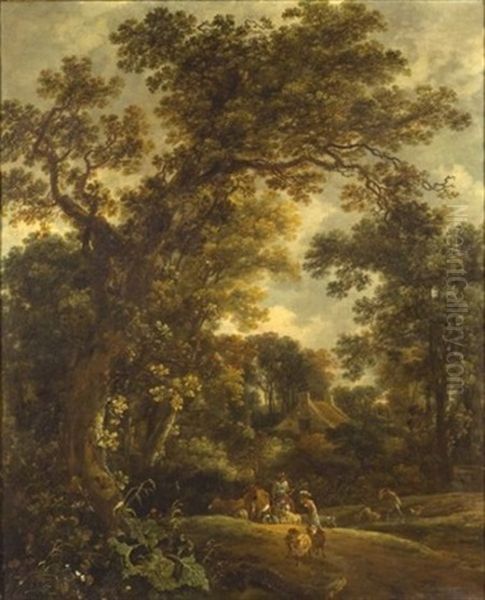 Woodland Clearing With Herders, Livestock And Cottage Oil Painting by Meindert Hobbema