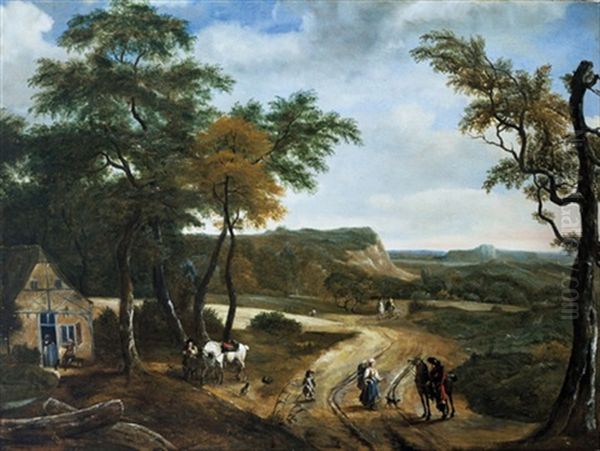 Weite Hollandische Landschaft Mit Einem Bauernhaus, Einem Reiter Und Seinem Pferd An Der Futterkrippe Sowie Andere Figuren Oil Painting by Meindert Hobbema