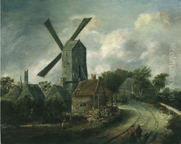 Landschaft Mit Windmuhle Zwischen Hausern Oil Painting by Meindert Hobbema