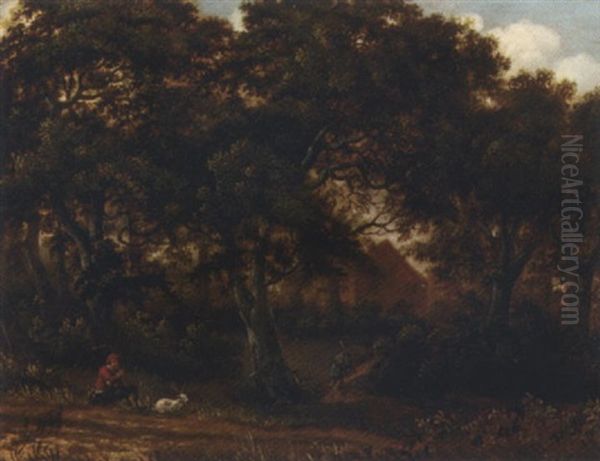 A Wooded Landscape With A Goatherd And His Flock Oil Painting by Meindert Hobbema