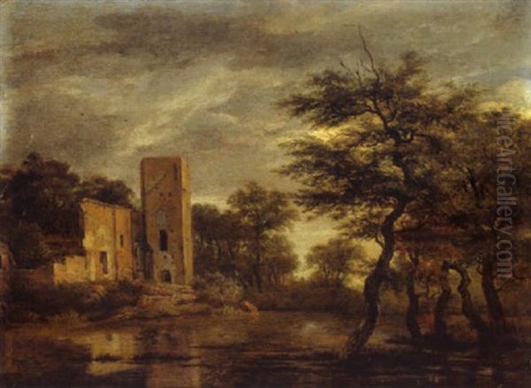 Burgruine An Einem Teich Im Eichenwald Oil Painting by Meindert Hobbema