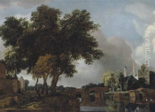 Fluslandschaft Mit Einer Steineren Bogenbrucke Und Einer Kirche Oil Painting by Meindert Hobbema