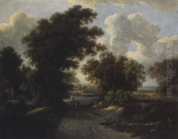 A Wooded Landscape With Trawvellers On A Path, A Cottage Beyond Oil Painting by Meindert Hobbema