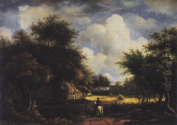 A Wooded Landscape With Travellers On A Path, A Cottage Beyond Oil Painting by Meindert Hobbema