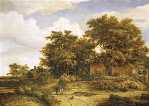 A Wooded Landscape With Figures Conversing On A Path, A Cottage Beneath Oak Trees Beyond Oil Painting by Meindert Hobbema