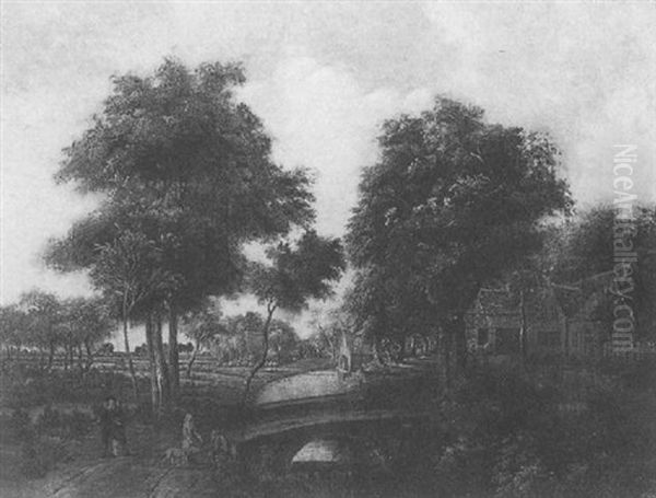 A River Landscape With Figures In The Foreground, A Bridge To Their Left And A Watermill Behind Oil Painting by Meindert Hobbema