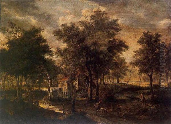 Cavalier, Son Serviteur Et Ses Chiens Faisant Route Sur Un Chemin Forestier Conduisant A Un Moulin Oil Painting by Meindert Hobbema