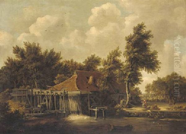 Figures By A Water Mill Oil Painting by Meindert Hobbema