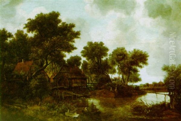 A Wooded Landscape With A Water Mill And Fishermen By A Stream Oil Painting by Meindert Hobbema