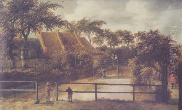 A View Of A Fish Pond With Boys Fishing On A Bridge, Man Walking On A Path, A Washerwoman And A Couple On A Bridge By A House Oil Painting by Meindert Hobbema