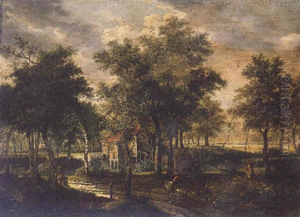 Cavalier, Son Serviteur Et Ses Chiens Faisant Route Sur Un Chemin Forestier Conduisant A Un Moulin Oil Painting by Meindert Hobbema