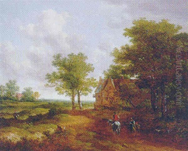 A Traveller Conversing With A Peasant Woman On A Track By An Inn Oil Painting by Meindert Hobbema