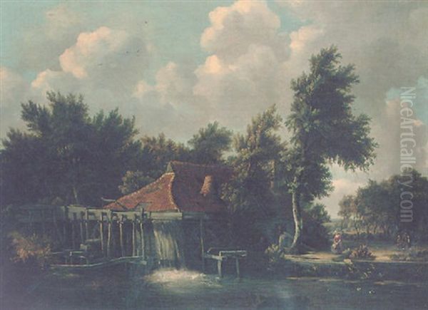 Figures Near A Mill Oil Painting by Meindert Hobbema