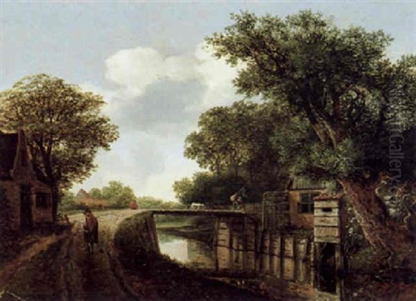 Bewaldete Fluslandschaft Mit Einer Brucke Und Reisenden by Meindert Hobbema