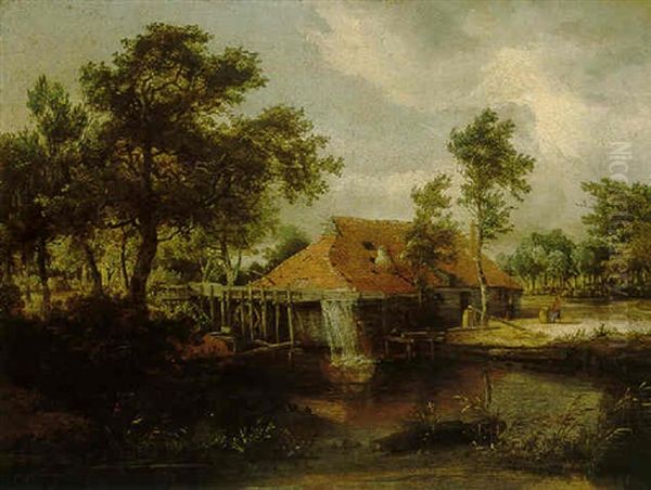 A Watermill Set In A Bosky Landscape Oil Painting by Meindert Hobbema