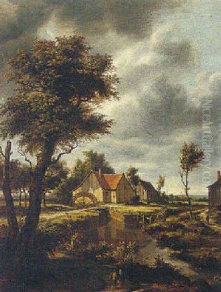 A Wooded River Landscape With A Watermill Oil Painting by Meindert Hobbema