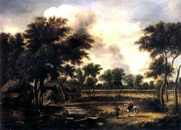 Landschaft Mit Bauernhausern Und Weiher Oil Painting by Meindert Hobbema