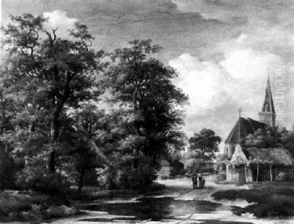 Wooded Landcape With A Church Near A Pond Oil Painting by Meindert Hobbema