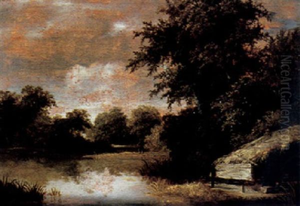 A Wooded River Landscape Oil Painting by Meindert Hobbema