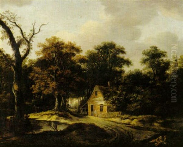 Skogslandskap Med Hus Oil Painting by Meindert Hobbema