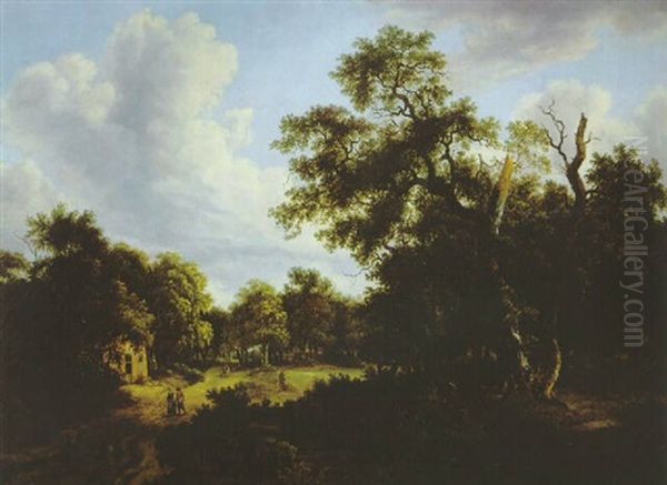 Grose Waldlandschaft Mit Einem Bauernhaus Und Reisenden Oil Painting by Meindert Hobbema