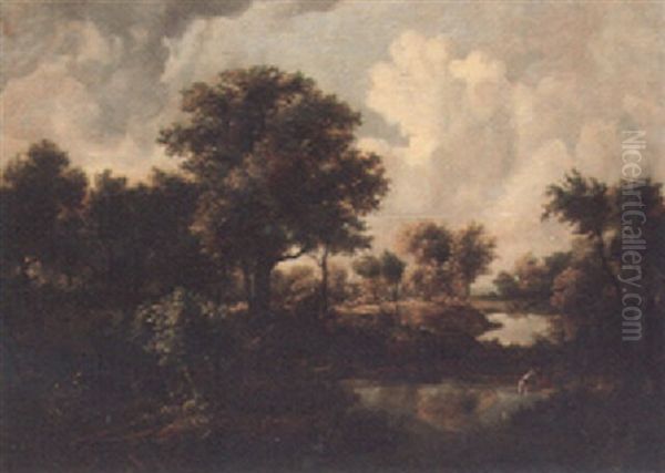 A Wooded Landscape With Figures On A Track With A Dog By A Pool Oil Painting by Meindert Hobbema