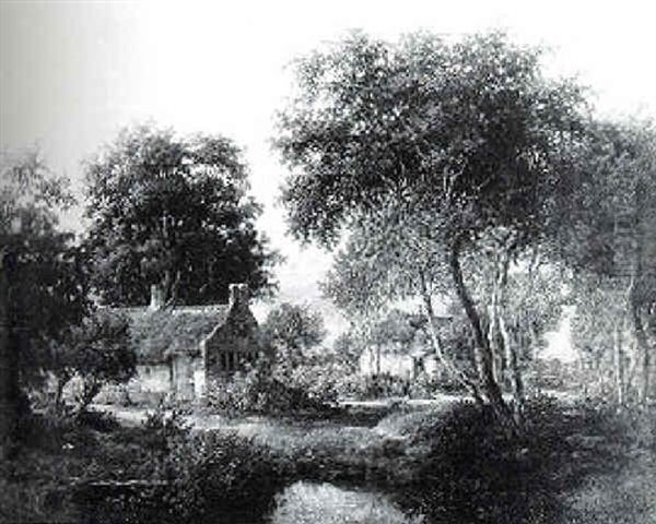 Wooded Landscape With Cottages By A Stream Oil Painting by Meindert Hobbema