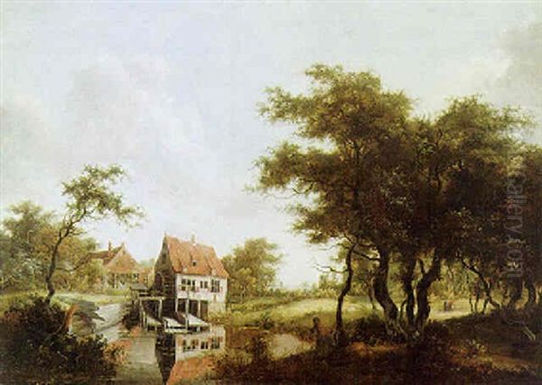 Landskab Med Vandmolle Der Spejler Sig I Vandet Oil Painting by Meindert Hobbema