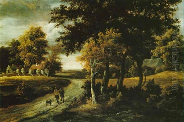 Wooded Landscape With Figures On A Path, Cottages Beyond by Meindert Hobbema