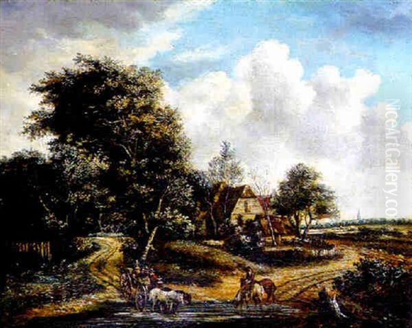 Hollandische Landschaft Mit Reisegesellschaft Oil Painting by Meindert Hobbema