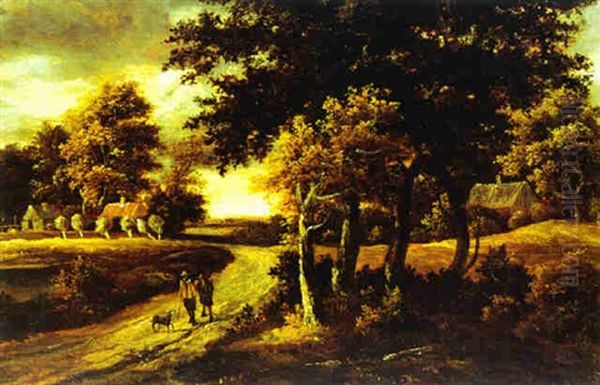 Waldlandschaft Mit Bauernhausern Und Wanderern Auf Einer Strase Oil Painting by Meindert Hobbema