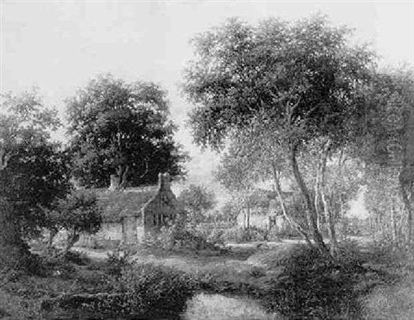 Wooded Landscape With Cottages By A Stream Oil Painting by Meindert Hobbema