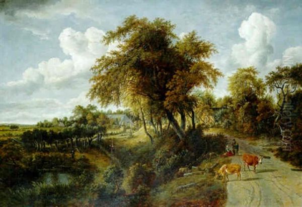 A Wooded Landscape With Peasants On Tracks Oil Painting by Meindert Hobbema