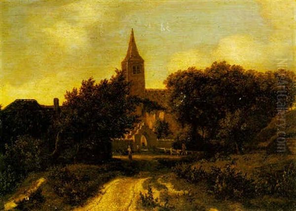 Landscape With Figures Near A Church Oil Painting by Meindert Hobbema