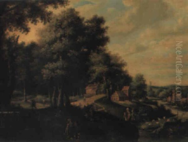 Hollandsk Landsby N+r Skovkant Med Jaeger Og Vandringsmand Oil Painting by Meindert Hobbema