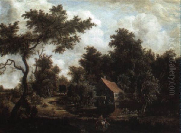 Wooded River Landscape With A Water Mill And Travellers Oil Painting by Meindert Hobbema