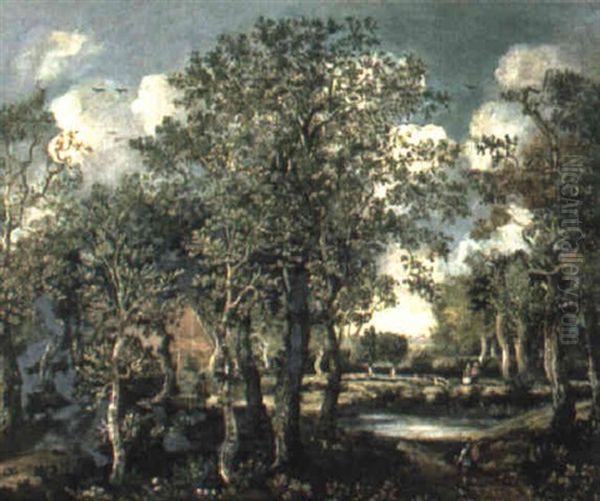 Figures In A Wooded Landscape With A Cottage Oil Painting by Meindert Hobbema