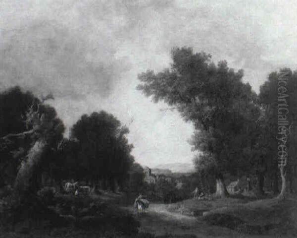 A Wooded Landscape With Travellers Resting On A Path Oil Painting by Meindert Hobbema