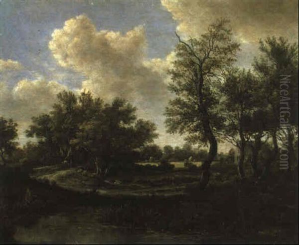 Waldlandschaft Mit Angler An Einem Mit Seerosen Bewachsenen Teich Oil Painting by Meindert Hobbema