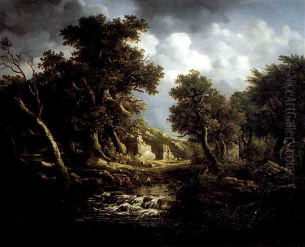 A Wooded Landscape With Figures In A Stream Before Ruins by Meindert Hobbema