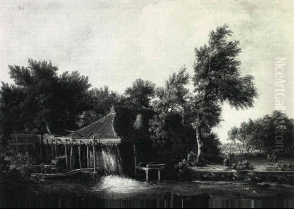 A Wooded Landscape With Figures By A Watermill by Meindert Hobbema