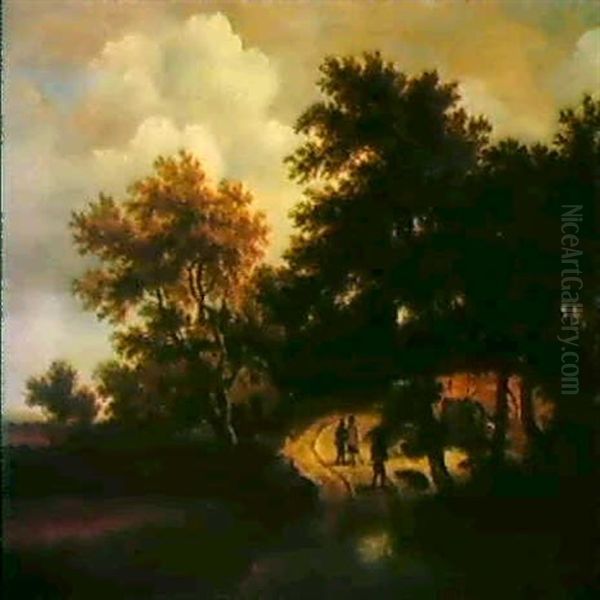 Bewaldete Dunenlandschaft Mit Einem Bauernhaus Und Reisenden Oil Painting by Meindert Hobbema