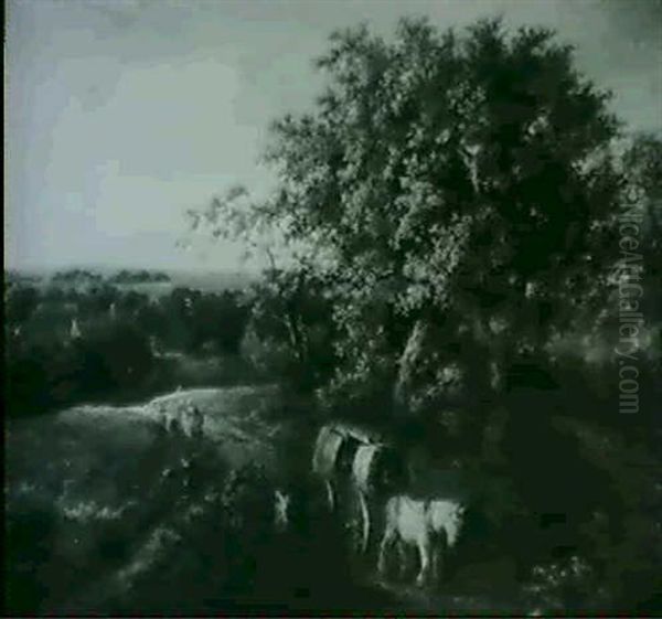 Wooded Landscape With Travellers In A Waggon Near A Village Oil Painting by Meindert Hobbema