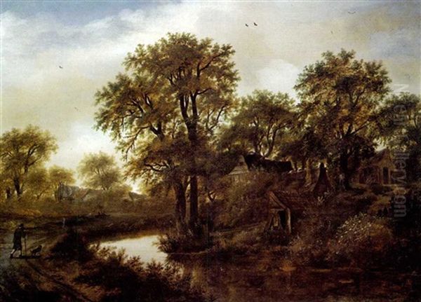 River Landscape With Cottages In A Wood And Peasant On A Path Oil Painting by Meindert Hobbema