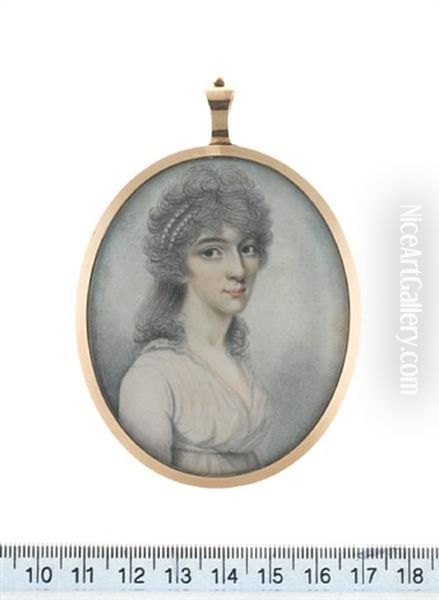 A Lady, Wearing White Dress With Small Collar, Double Strand Of Pearls In Her Powdered Hair Oil Painting by William Armfield Hobday