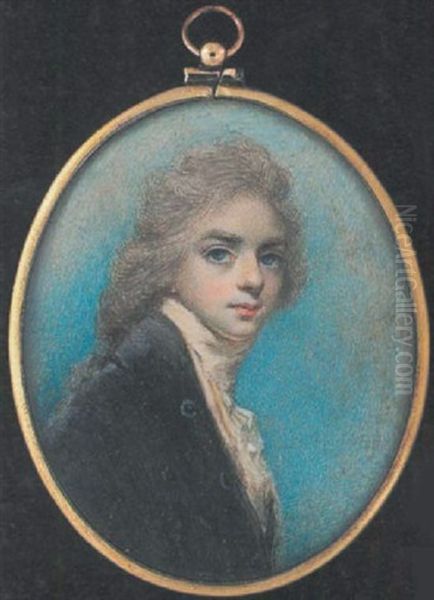 A Young Gentleman Wearing Dark Grey Coat, Cream Waistcoat And Frilled White Cravat, His Hair Worn In A Long Queue Oil Painting by William Armfield Hobday