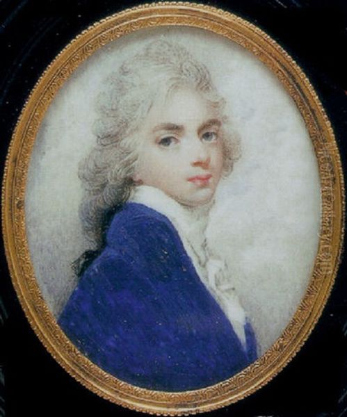 Portrait Of Gentleman, In Blue Coat, White Waistcoat And Frilled White Cravat, His Long Hair Powdered And Tied Oil Painting by William Armfield Hobday