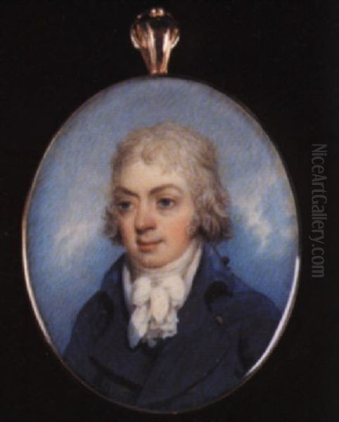 A Gentleman With Powdered Hair En Queue Wearing Blue Coat With Gold Coloured Buttons Oil Painting by William Armfield Hobday